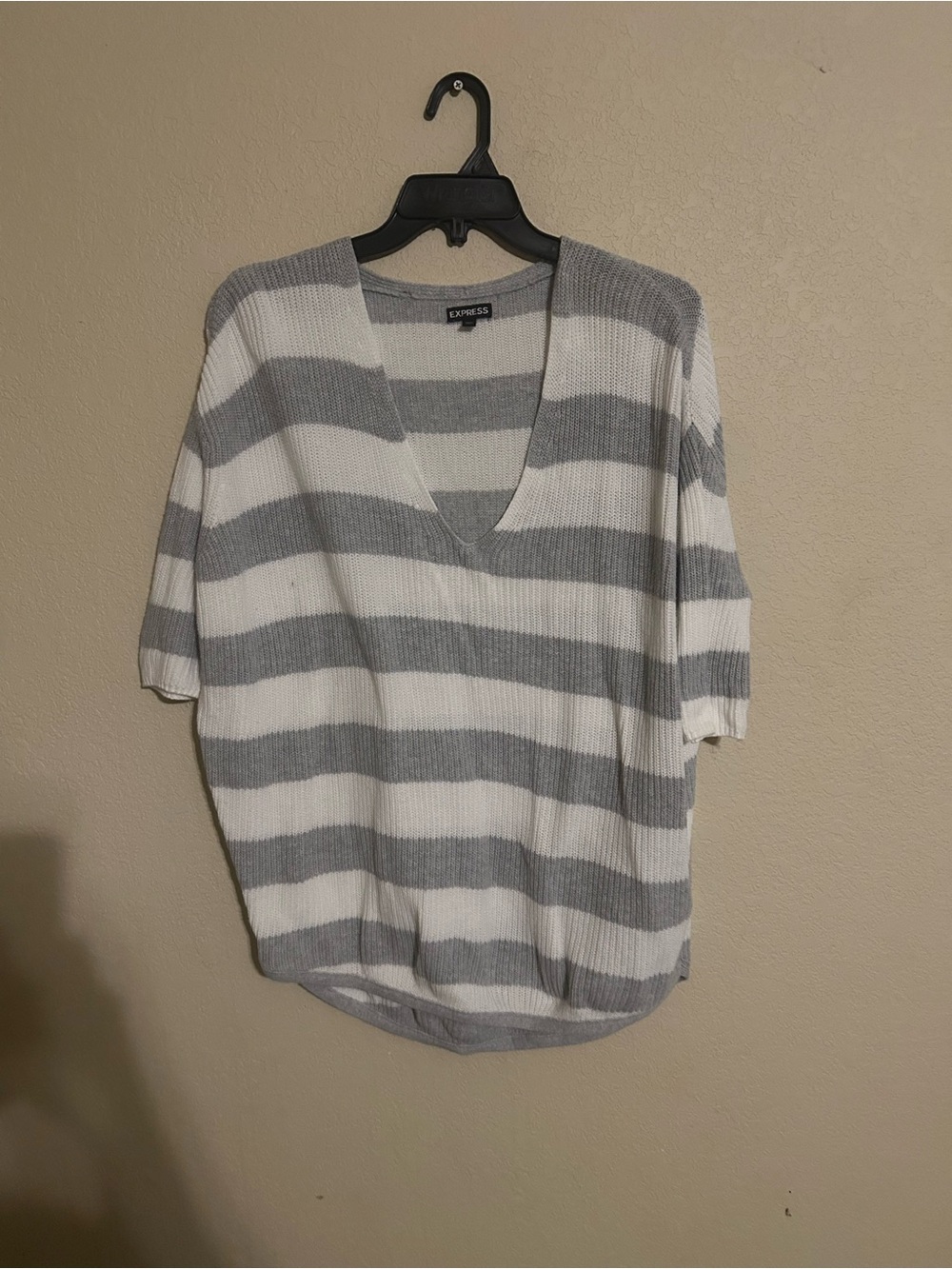 Express Gray and White Striped V-Neck Knit Top